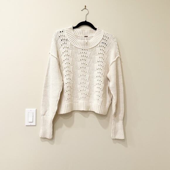 Free People Bell Song Knit Pointelle Sweater Long Sleeve  Bone White Size M NWT - Picture 6 of 13